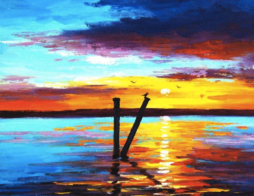 sip "n paint的"sunset lake 夕阳湖边 油画课程