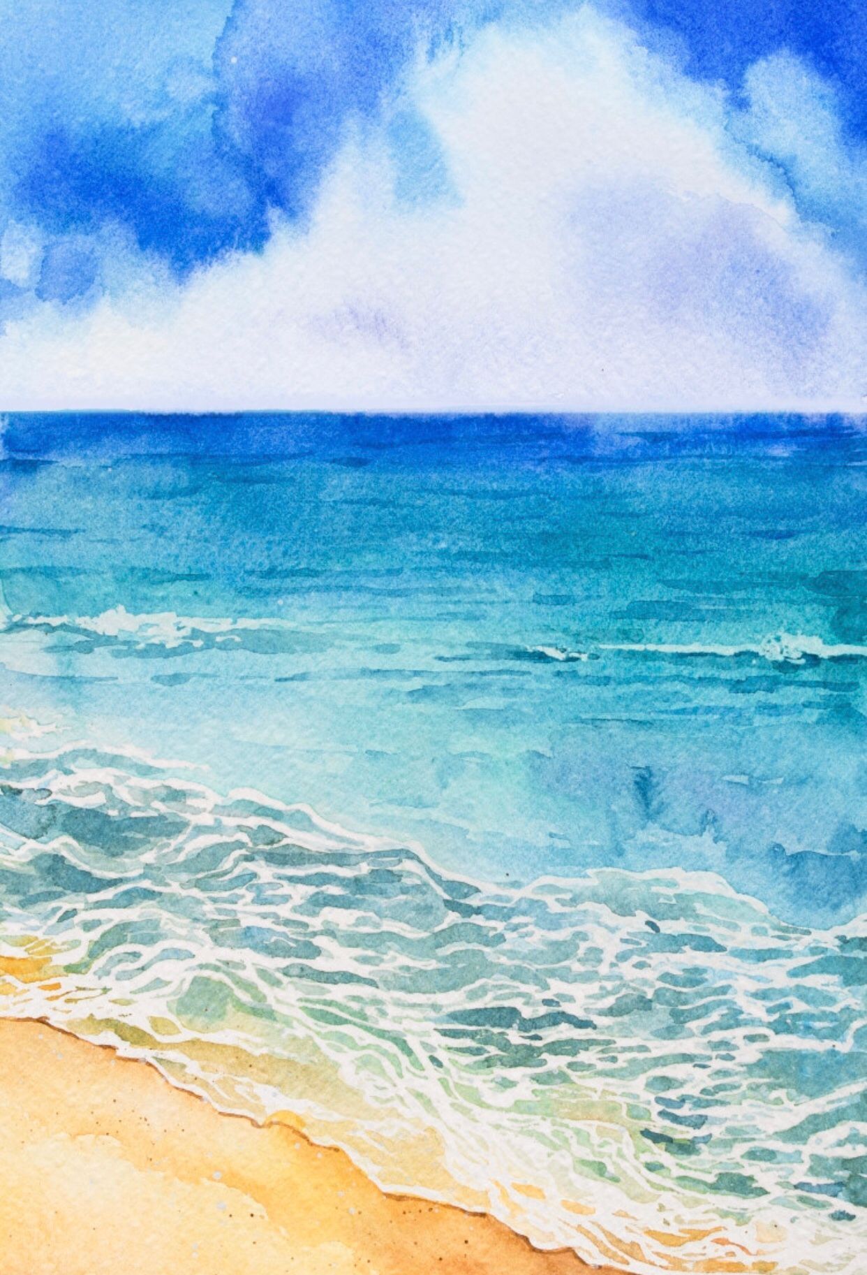 水彩海洋手绘|蓝天 白云 大海的主题绘画
