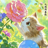 大猫闻蔷薇